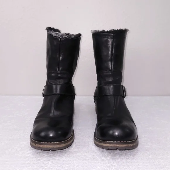 CLARKS Majorca Sun Moto Boots Black Leather Faux Fur Lined US 10 - Picture 4 of 9